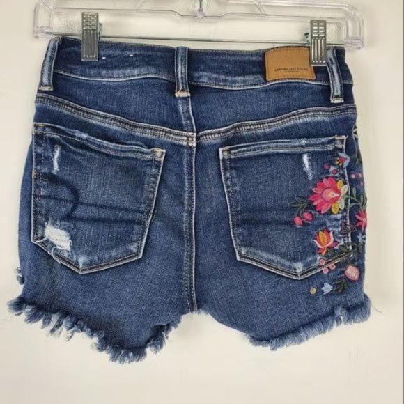 American Eagle Floral Embroidered Jean Shorts Womens Size 0 Hi Rise Shortie - Picture 2 of 3